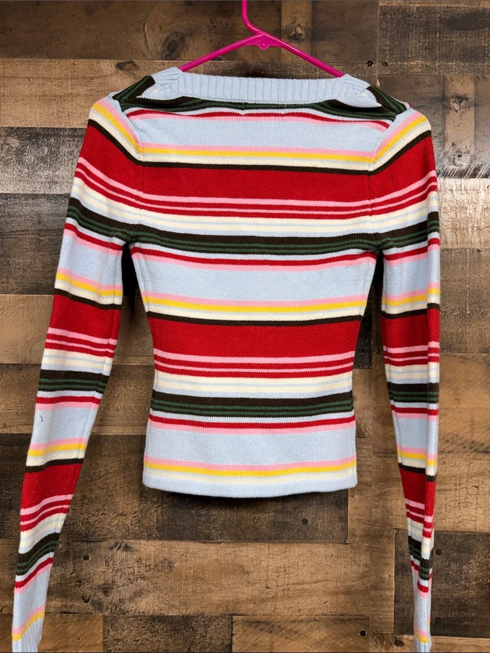 Frankie's Bikinis Striped V-Neck Sweater in Light Blue, Red & Green - Picture 4 of 5